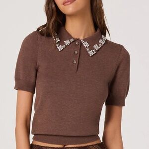 Astr Chocolate Brown Top with Embellished Collar